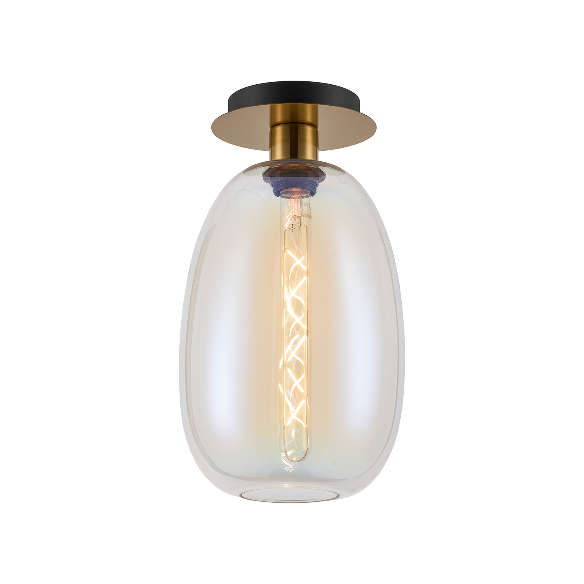 DK1236  Lori 15cm Round Ceiling Flush, 1 Light Flush Fitting E27, Antique Gold/Iridescent Slim Curved Trapezium Shades